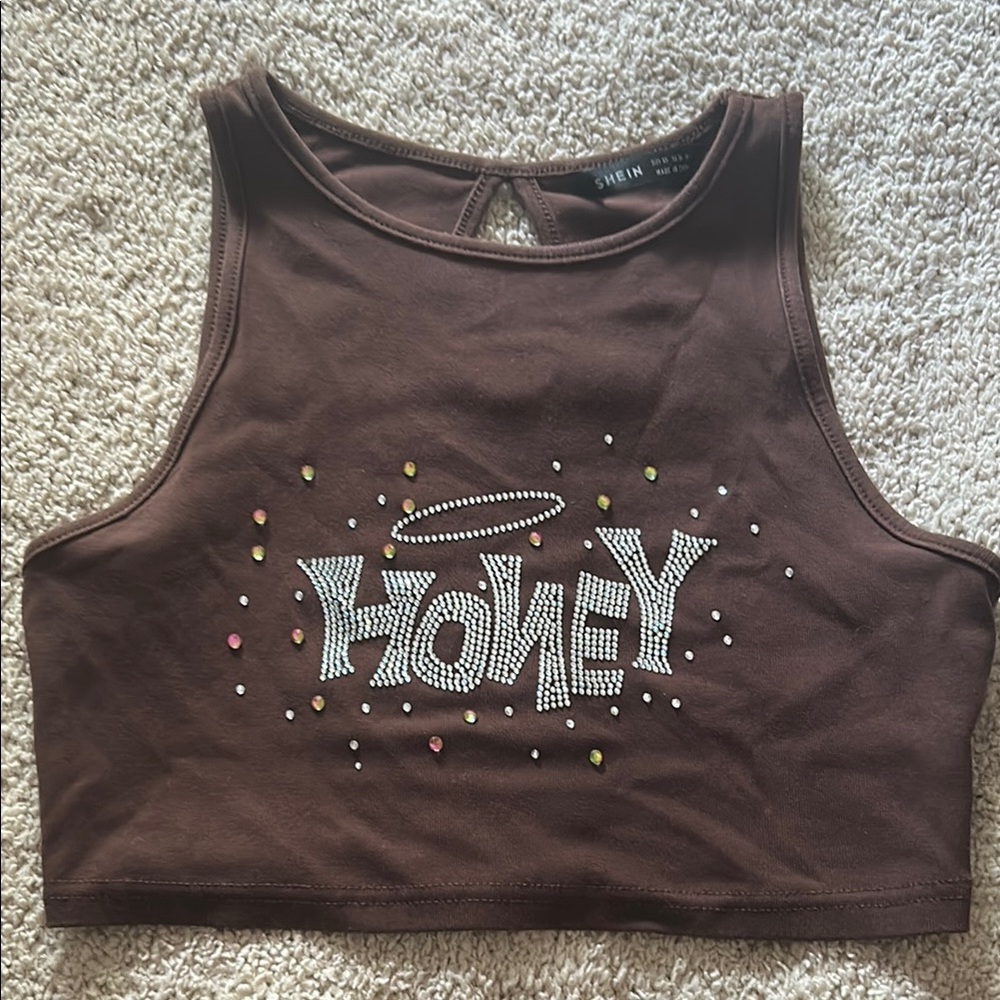 SHEIN Brown Crop Top with 'Honey' Embellishment